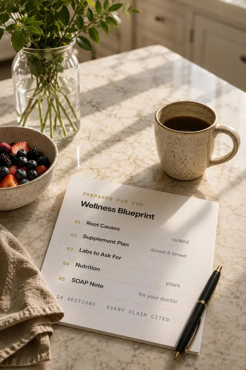 A printed Wellness Blueprint on a sunlit marble table with coffee and berries