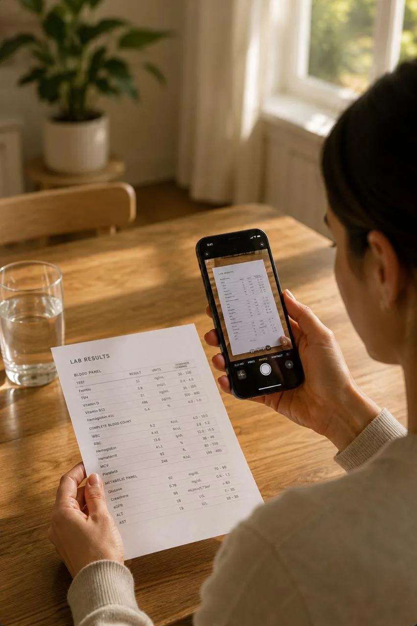 A woman photographing her printed lab results with her phone at a sunlit table
