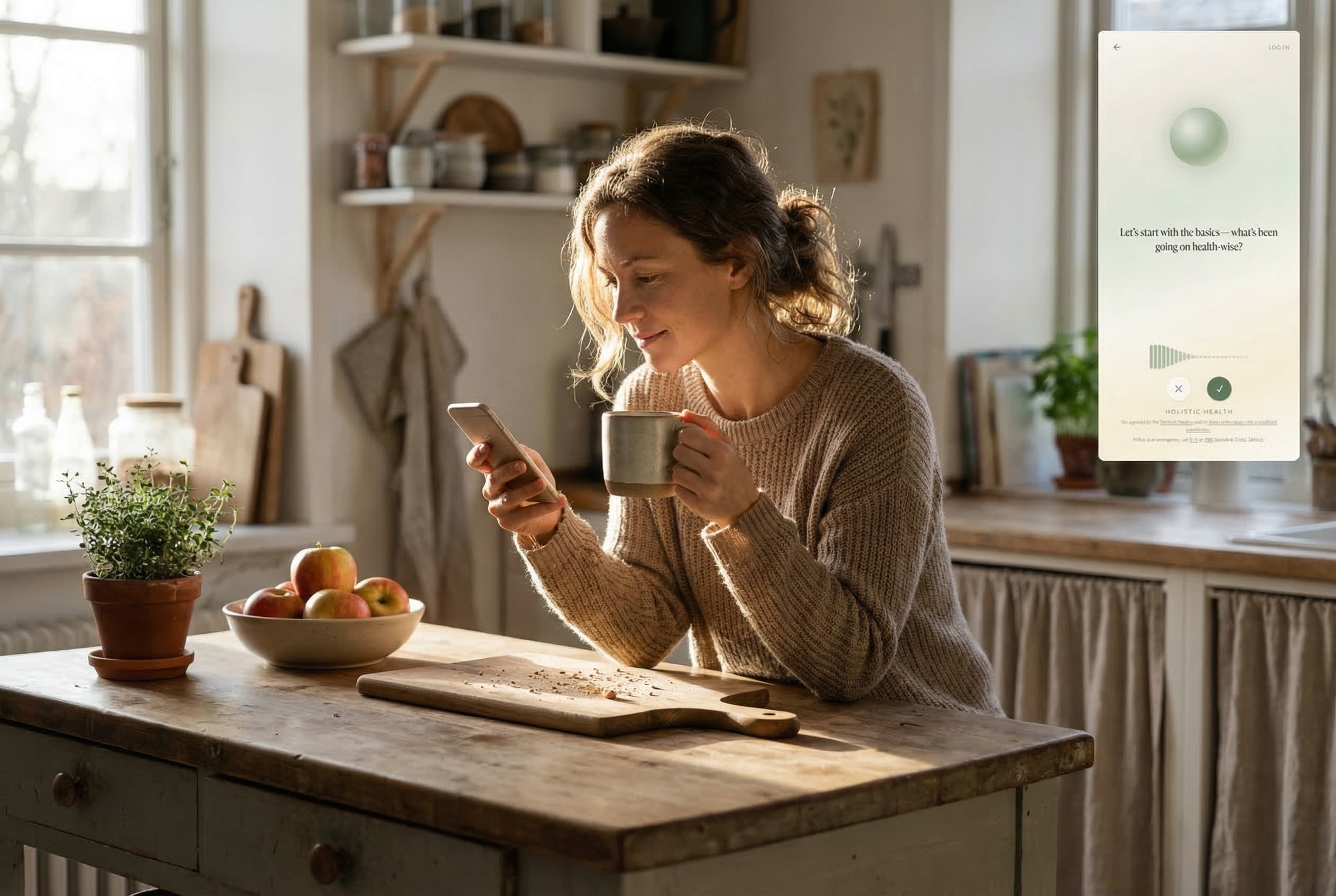 Woman in kitchen using Holistic Health app on phone