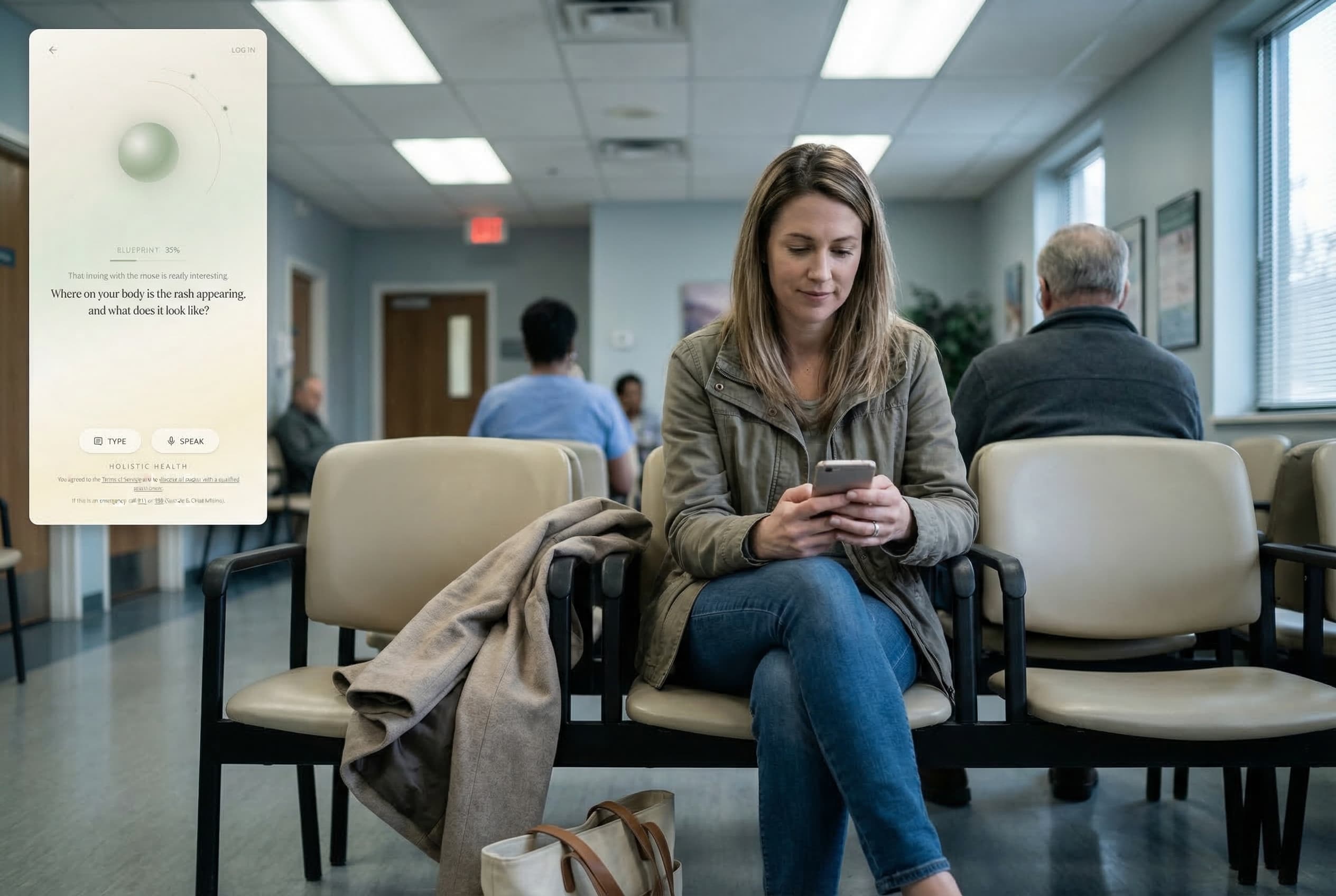 Woman in waiting room using health symptom app