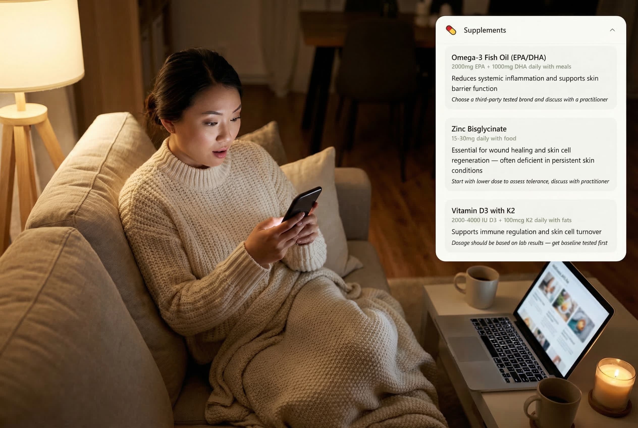 Woman on couch reviewing supplement recommendations