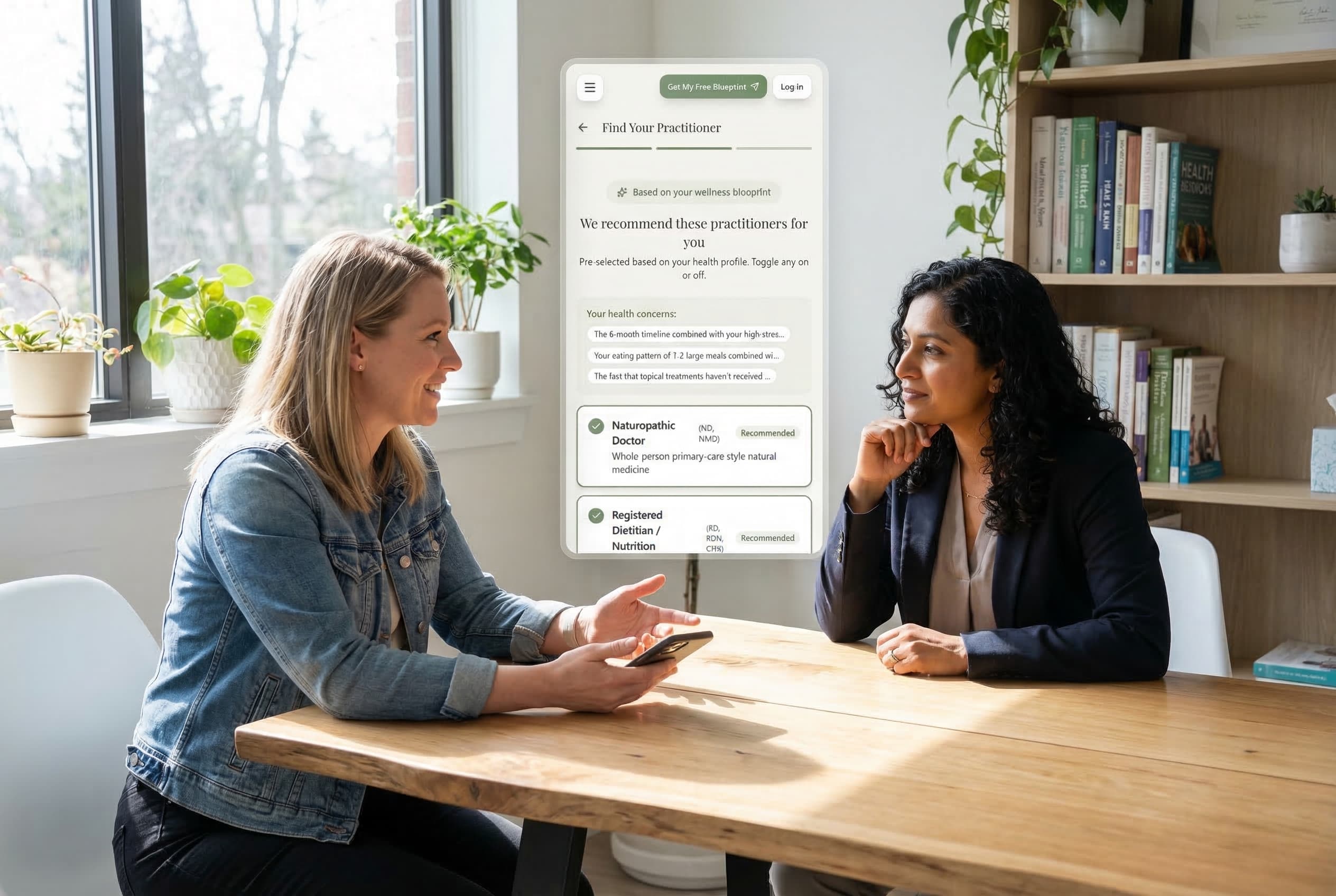 Two women discussing practitioner recommendations at consultation