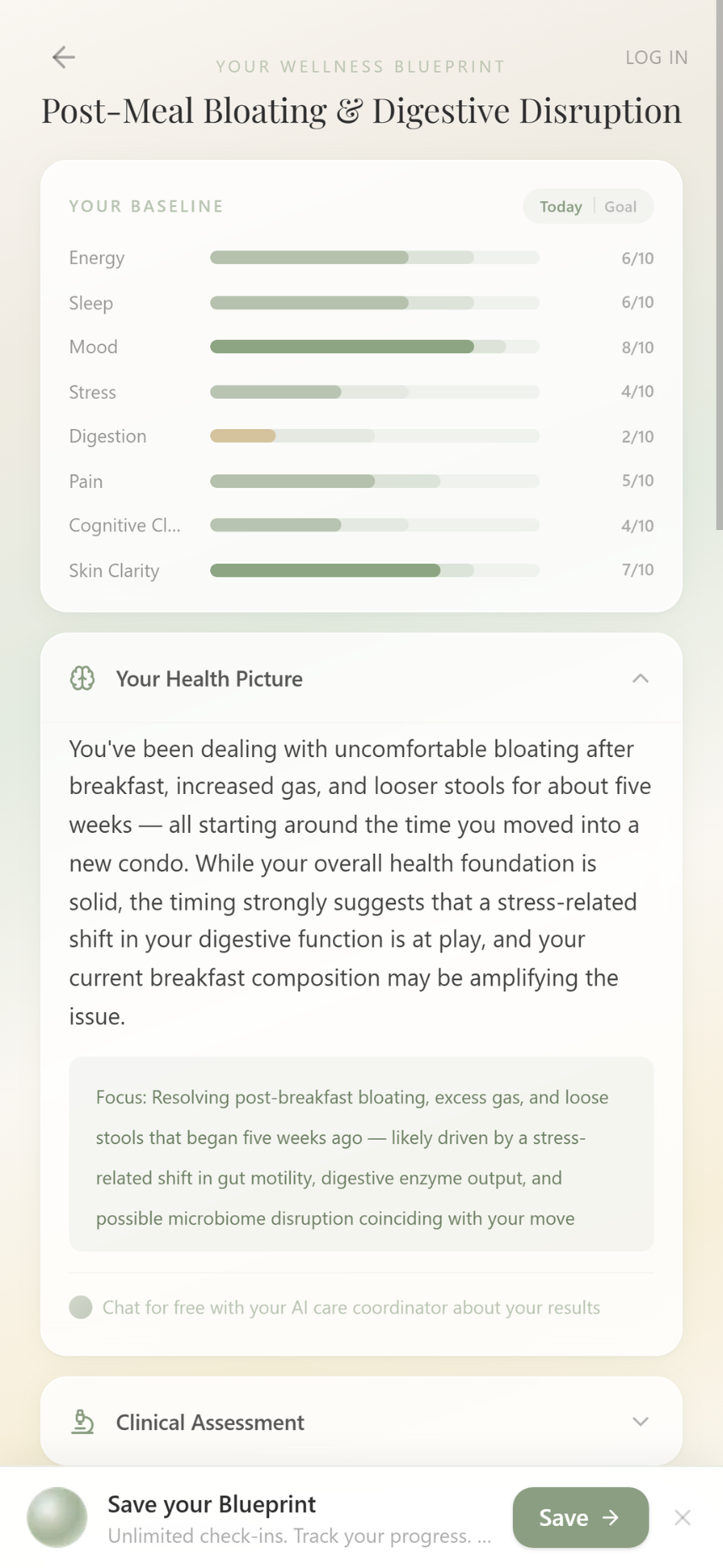 Wellness Blueprint — baseline scores and health picture