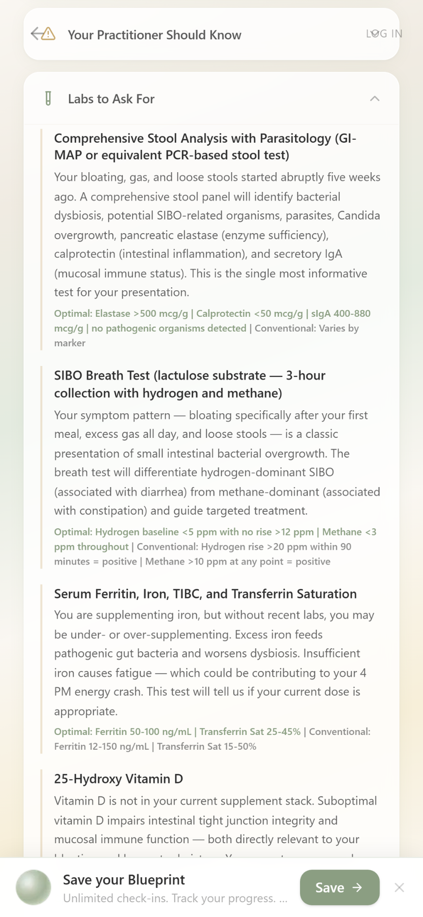 Recommended labs with optimal ranges