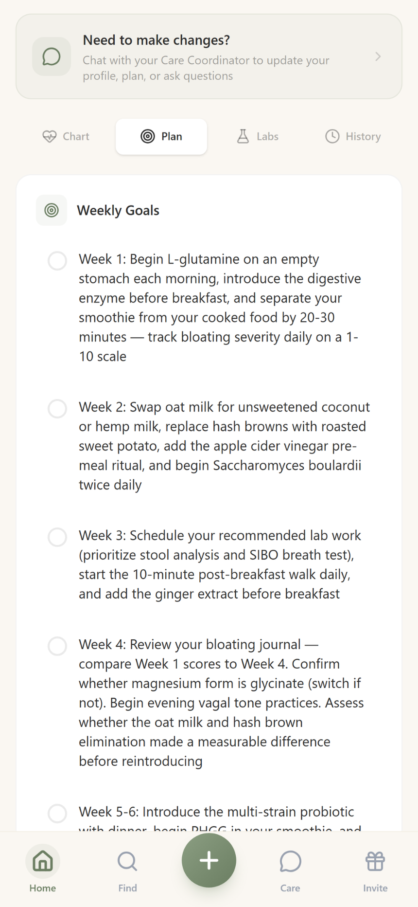 Health Profile — Plan tab with weekly goals