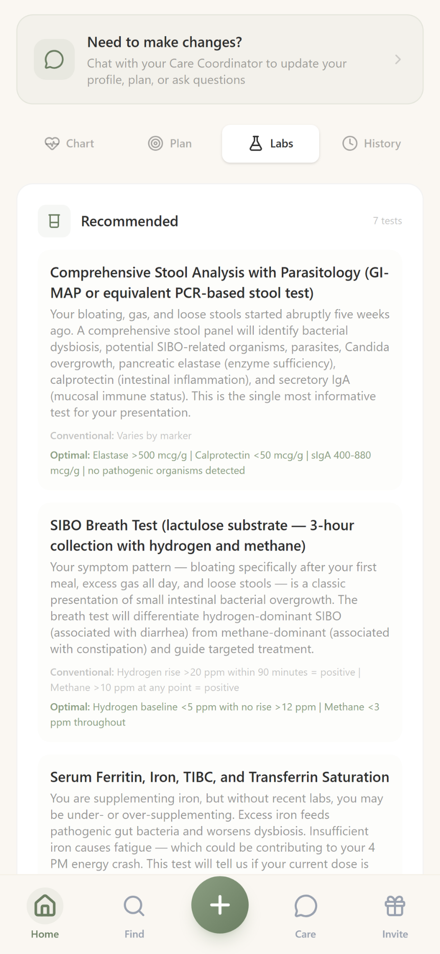 Health Profile — Labs tab with recommended tests