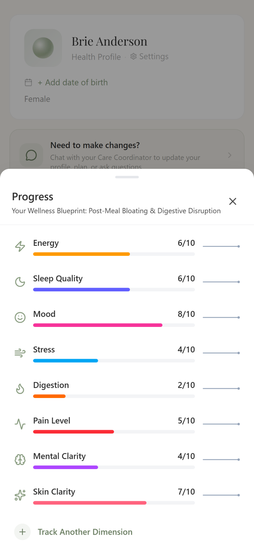 Progress tracking — wellness dimension scores