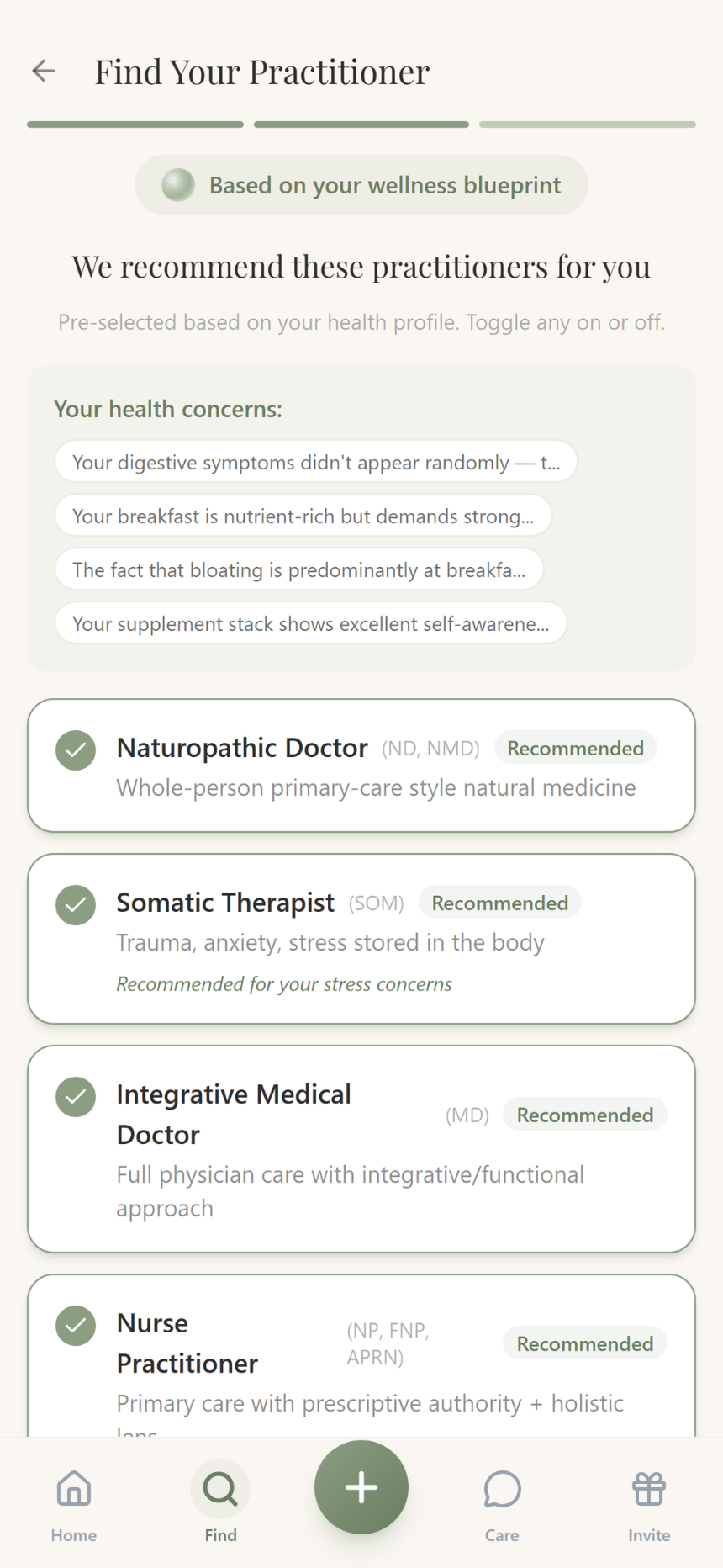 Recommended practitioner types from blueprint