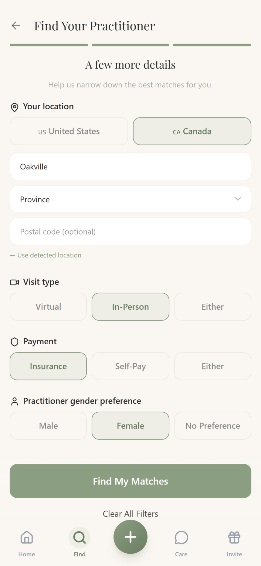 Practitioner search preferences and filters