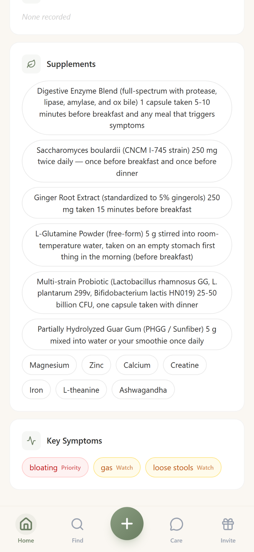 Supplements list and key symptoms with priority tags