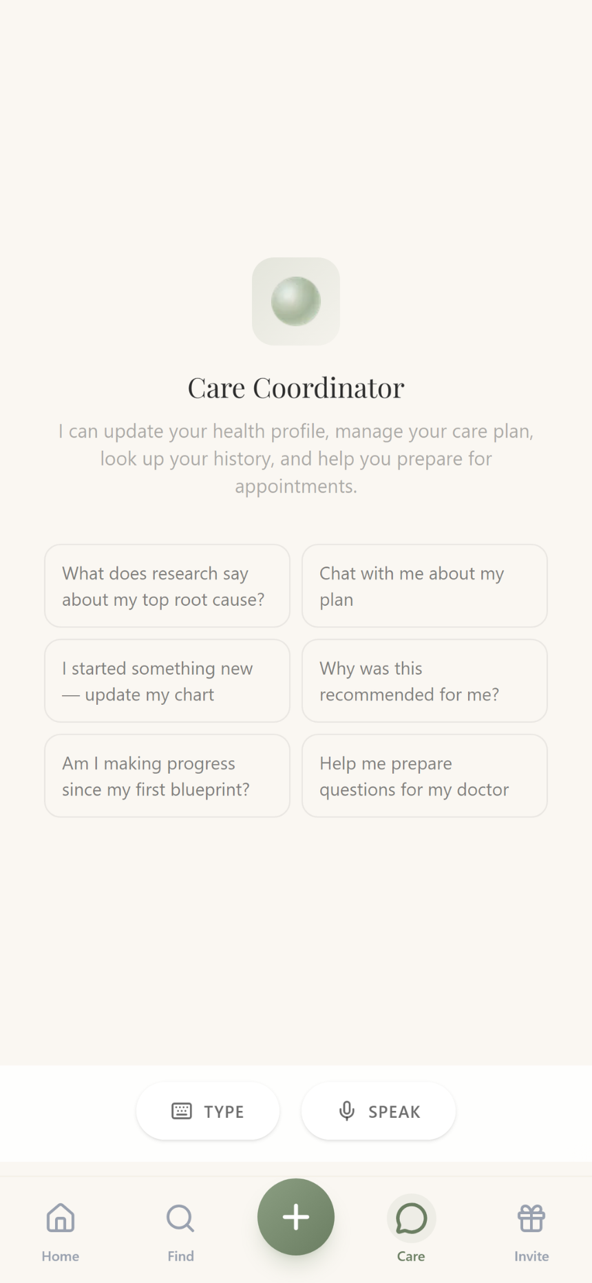 Care Coordinator — home with suggestion chips