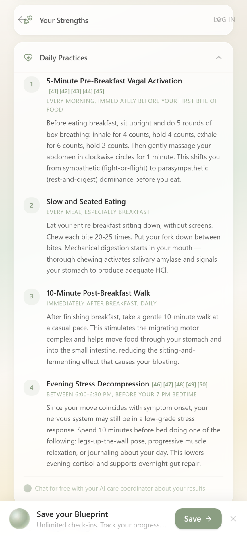 Daily practices with timing and instructions